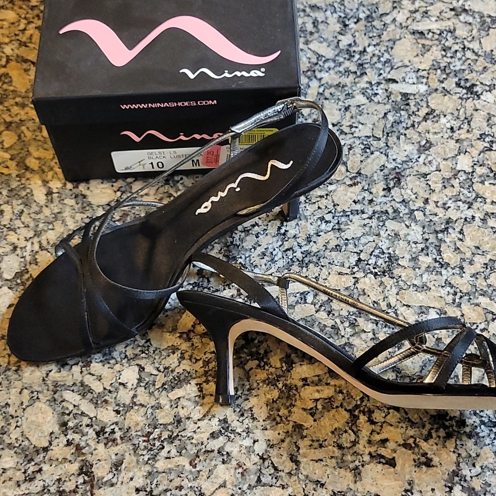 Black fabric dressy strap heels, size 10, 2.5 inch heel